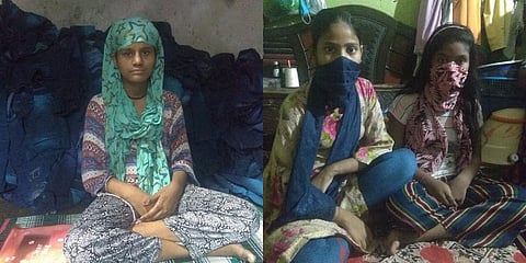 Blood cancer patient Shazia (L) and Ruksana and Arshi (R) who have been doing mirror work on womenswear for the last seven and six years respectively. (Photo | EPS)