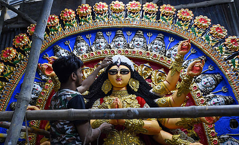 A Durga idol in the making. (Photo| PTI)