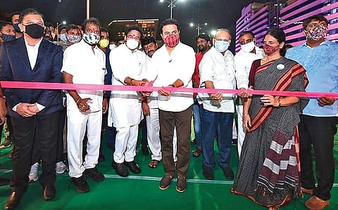 Union Minister of State for Home G Kishan Reddy, MAUD Minister KT Rama Rao and Mayor Bonthu Rammohan inaugurate the Durgam Cheruvu cable-stayed bridge in Madhapur on Friday | S Senbagapandiyan
