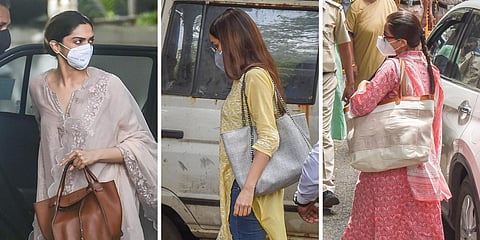 (From left) Bollywood actresses Deepika Padukone, Shraddha Kapoor and Sara Ali Khan at the NCB office for questioning in a drug probe. (Photo| PTI)
