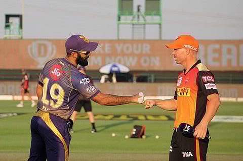 Dinesh Karthik captain of Kolkata Knight Riders and David Warner captain of Sunrisers Hyderabad during the toss. (Photo | IPL)