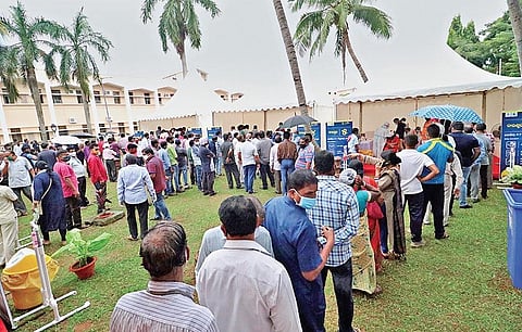 Assembly staff queue up for Covid test ahead of Monsoon session of Odisha Legislative Assembly in Bhubaneswar on Saturday | Irfana