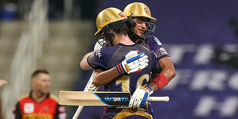 Shubman Gill and Eoin Morgan of Kolkata Knight Riders celebrates their win against Sunrisers Hyderabad in IPL 2020 match at the Sheikh Zayed Stadium. (Photo | PTI)