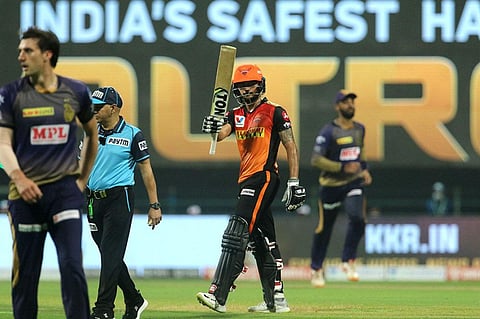 Manish Pandey of Sunrisers Hyderabad celebrates his fifty during Indian Premier League 2020 cricket match against Kolkata Knight Riders. (Photo | PTI)