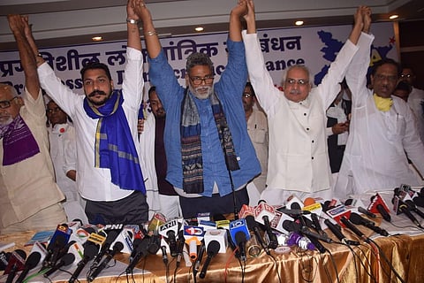 Pappu Yadav (second from left) and other alliance leaders in Patna on Monday. (Photo | EPS)