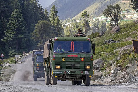 An Indian army convoy moves on the Srinagar- Ladakh highway at Gagangeer, northeast of Srinagar, Wednesday, Sept. 9, 2020. (Photo | AP)