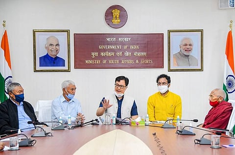 Union Ministers Kiren Rijiju and G Kishan Reddy address a press conference along with a group of Ladakhi leaders who withdrew the boycott call. (Photo | PTI)