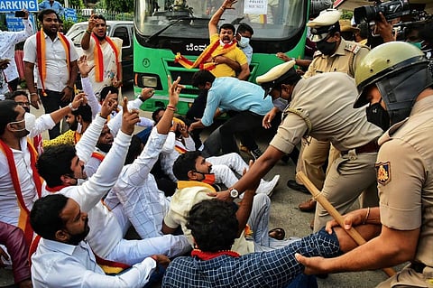 Karnataka Rakshana Vedike members were detained by police near Kranthiveera Sangolli Rayanna Railway Station. (Photo | Shriram BN, EPS)