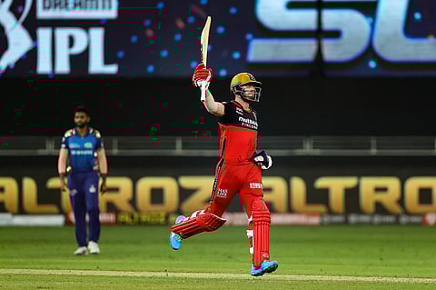 Royal Challengers Bangalore batsman AB de Villiers celebrates after winning a match against Mumbai Indians during the Indian Premier League 2020, at Dubai International Cricket Stadium. (Photo | PTI)