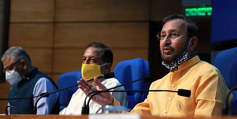 Union Ministers Prakash Javadekar and Jitendra Singh during a media briefing on cabinet decisions. (Photo | Shekhar Yadav/EPS)