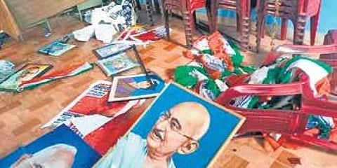 The vandalised Congress office at Kakkodi in Kozhikode on Monday | Express