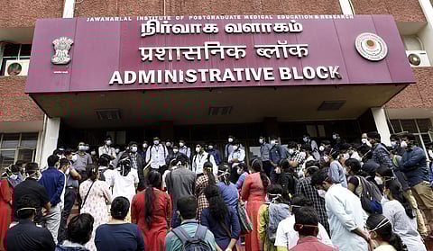 Doctors at JIPMR staging protest. (Photo | Express)