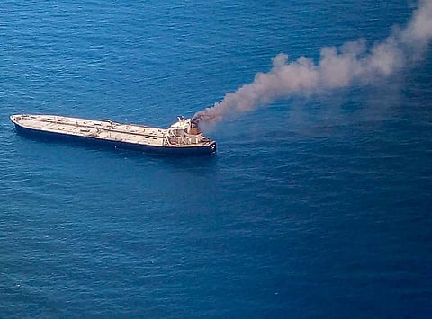 A fully loaded oil tanker New Diamond a very large crude carrier VLCC chartered by IOC caught fire off the east coast of Sri Lanka while on its way to Paradip port. (Photo | PTI)