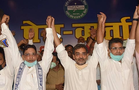 LSP President Upendra Kushwaha (C) with BSP BSP Bihar in-charge Ramji Singh Gautama (L) and Janwadi party leader Sanjay Singh Chauhan (R) during a joint press conference. (Photo | PTI)