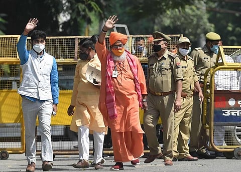 BJP MP Sakshi Maharaj arrives at a special CBI court during pronouncement of its judgement in the 1992 Babri mosque demolition accused case in Lucknow Wednesday Sept. 30 2020. (Photo | AP)