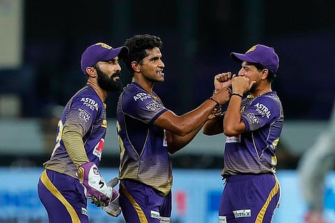 Kolkata Knight Riders player Shivam Mavi celebrates a wicket during the IPL 2020 cricket match, at Dubai International Cricket Stadium. (Photo | PTI)