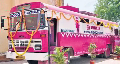The mobile bus toilet (R) set up by the Kosgi municipality on Narayanpet Collector Dasari Hari Chandana’s (L) directions.