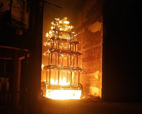 The chariot up in flames at Antarvedi Temple in East Godavari district of Andhra Pradesh (Photo | Express)