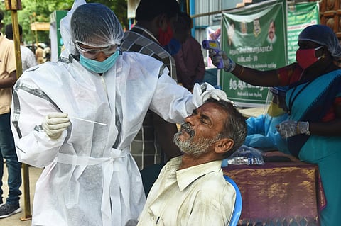Samples being collected near the corporation park at Koyambedu in Chennai (Photo | EPS/ Ashwin Prasath)