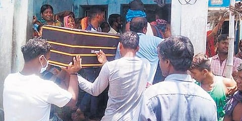 Villagers carry the mortal remains of Kailash Jena in Badiambo village. (Photo | EPS)