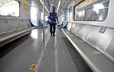 With Metro services set to resume on Monday signages to facilitate physical distancing have been installed inside trains as well as in stations. (Photo | S Senbagapandiyan, EPS)
