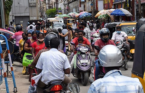 Traffic along the NSB road in Tiruchy on Tuesday (Photo | EPS/M K Ashok Kumar)