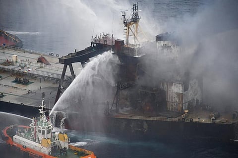 Ships fighting fire on the MT New Diamond, about 30 nautical miles off the coast of Sri Lanka. (Photo | AP)