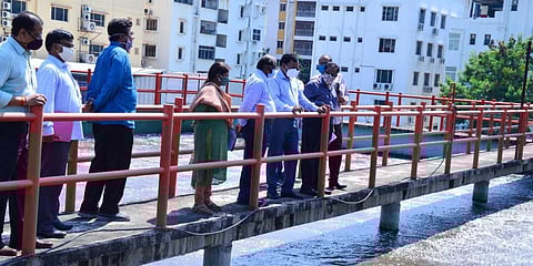 HMWS&SB MD Dana Kishore and other officials inspect the Sewerage Treatment Plant near Durgam Cheruvu in Hyderabad on Tuesday. (Photo| Special Arrangement)
