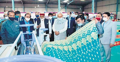 Bihar CM Nitish Kumar is given a first-hand experience of products being manufactured at Chanpatia Innovative Start-Up Zone on Thursday | CMO