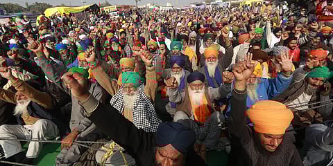 Farmers shout slogans during their protest against the new farm laws at Singhu border in New Delhi. (File Photo | Shekhar Yadav, EPS)