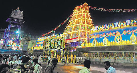 Tirumala temple illuminated with colourful lights on the eve of New Year on Thursday | eXPRESS