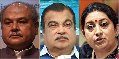 (From left) Union ministers Narendra Singh Tomar, Nitin Gadkari and Smriti Irani. (File photo| PTI and Twitter)