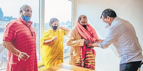 A devotee Padma Charan Patra and his wife donated three sets of adornments for Lord Jagannath in the shape of sun and moon.