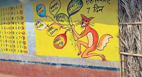 A wall painting depicting multiplication tables and the days of the week in the village of Dumka in Jharkhand