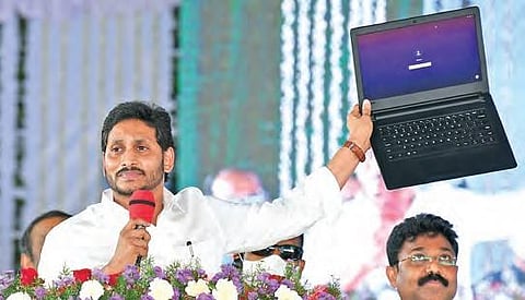 Chief Minister YS Jagan Mohan Reddy addresses a public gathering after launching the second edition of Jagananna Amma Vodi scheme in Nellore on Monday | Express