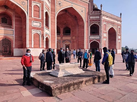 Panel members inspecting the grave at Humayun's tomb which is believed to be Dara Shikoh. (Photo | EPS)