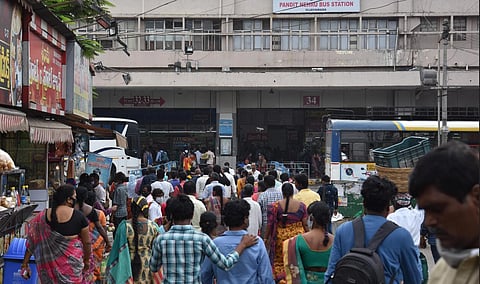 Pandit Nehru Bus Station in Vijayawada registers low footfall on Monday. (Photo | P Ravindra Babu, EPS)