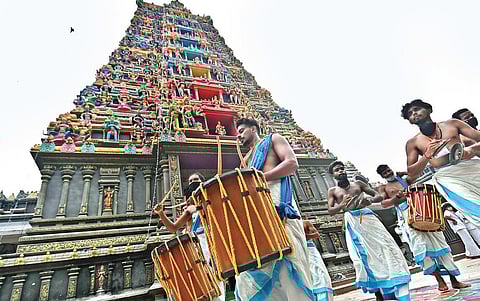 Artistes from Kerala perform at Kanaka Durga temple in Vijayawada. (File Photo | Prasant Madugula, EPS)