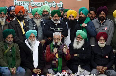 Farmer leader Darshan Pal Singh from Punjab addresses a press conference during their agitation against new farm laws at Singhu border in New Delhi on Tuesday. (Photo | PTI)