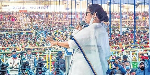 Mamata Banerjee during the TMC’s political rally at Habibpur in Nadia (Photo | PTI)