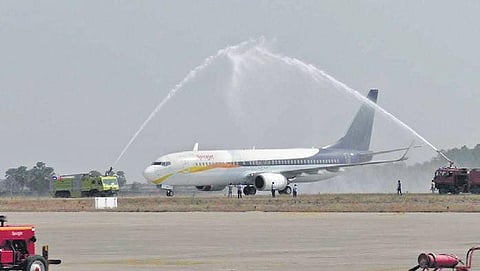 The new flight being accorded water cannon salute at VSS airport | Express