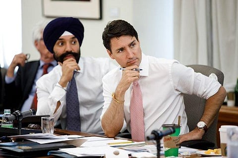 Navdeep Bains posted this picture with Canadian PM Trudeau on Twitter. He wrote, 'No longer my boss, always my friend'. (Photo | Twitter)