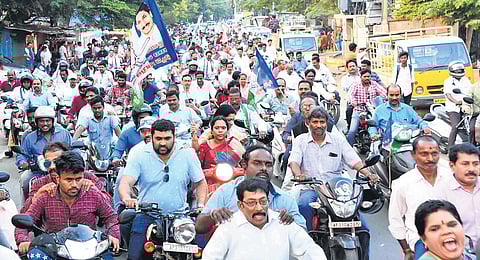 File image of YSRC workers taking out a bike rally from party office to celebrate the Assembly approval to make Visakhapatnam as executive capital, at Maddilapalem in Visakhapatnam. (File Photo| EPS)