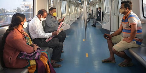 The first train on the newly launched line from Silk Institute to Yelachenahalli, left Silk Institute at 7 am had ten passengers on board. (Photo | Meghana Sastry, EPS)