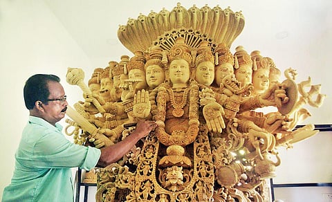 R Nagappan, master sculptor, giving final touches to Lord Vishnu’s Viswaroopam on the eve of the launch of the first phase of Kerala Arts & Crafts Village. The Viswaroopam is being specially made for