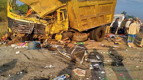 The mangled sand truck which was coming from Belagavi (Photo | Express)
