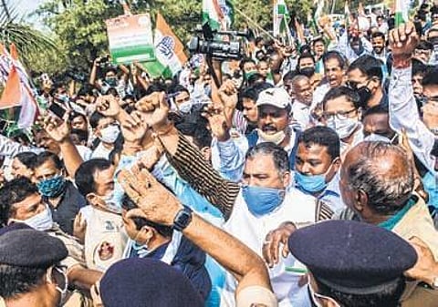 Congress activists taking out a protest rally near Raj Bhavan in Bhubaneswar on Friday. (Photo | EPS)