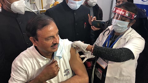 Dr Mahesh Sharma getting the COVID-19 vaccine. (Photo | Twitter)