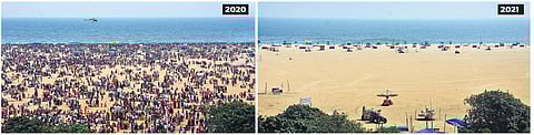 It was a sea change, literally! City residents thronged the Marina beach to celebrate Kaanum Pongal in 2020, but this time round, the popular landmark wore a deserted look | R SATISH BABU, ASHWIN