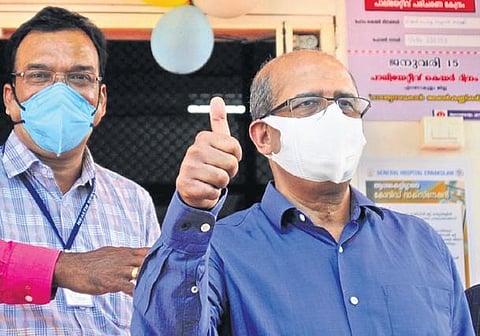 Heart transplant surgeon Dr Jose Chacko Periappuram after being administered the vaccine at General Hospital | A Sanesh